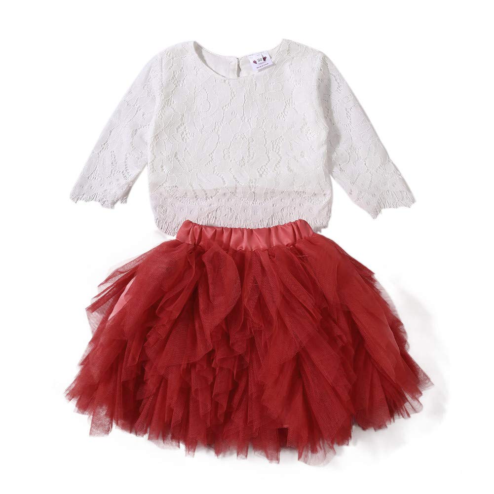 2Pcs Toddler Baby Girl Lace Hollow T-Shirt Tops Ball Gown Tutu Mini Skirt Party Dress Outfit Clothes (Red, 1-2T)