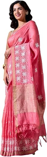 Taneira Women Pink Pure Silk Linen Embroidered Saree with Unstitched Blouse Piece (SABLATHSC0101-Pink)