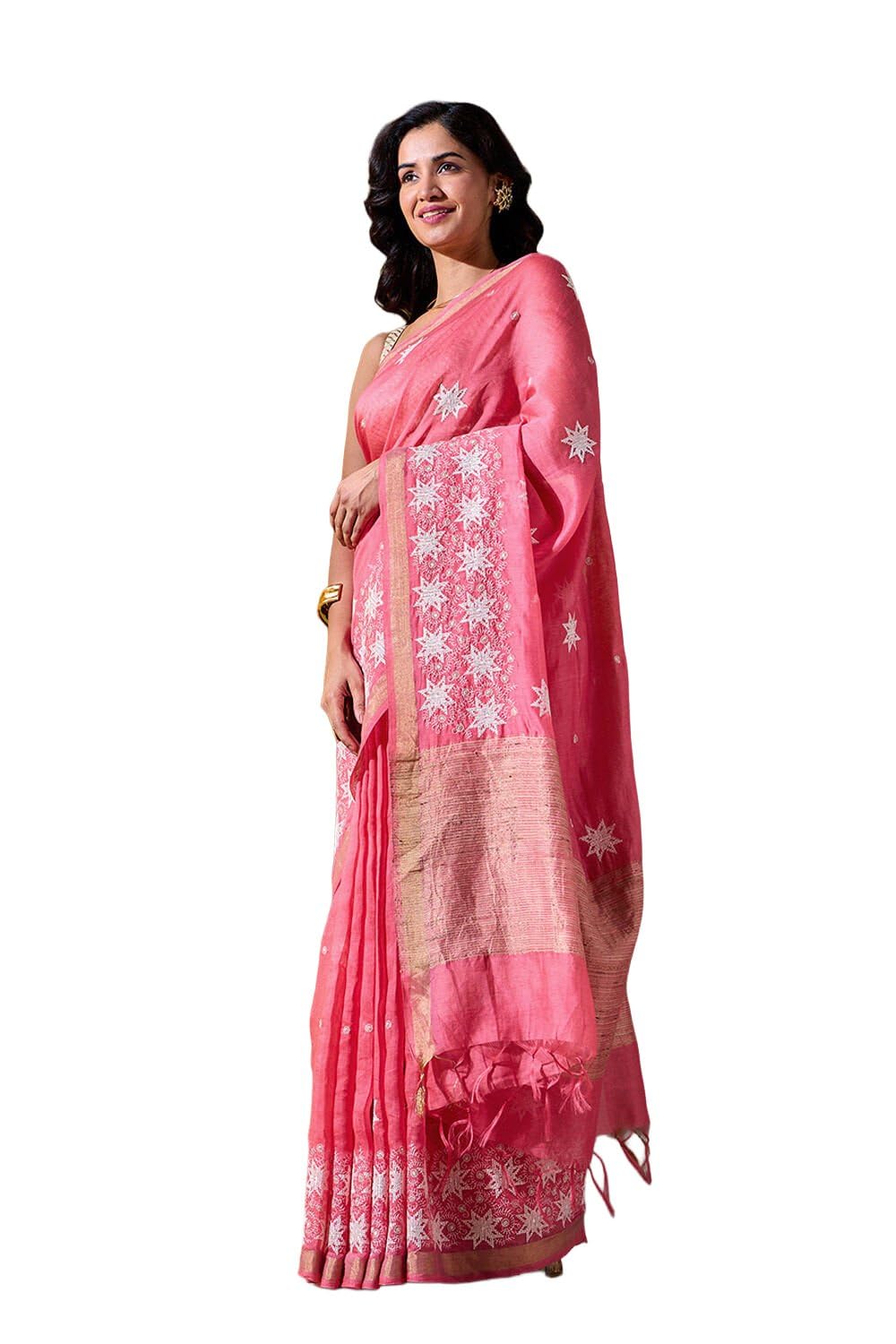 Taneira Women Pink Pure Silk Linen Embroidered Saree with Unstitched Blouse Piece (SABLATHSC0101-Pink)