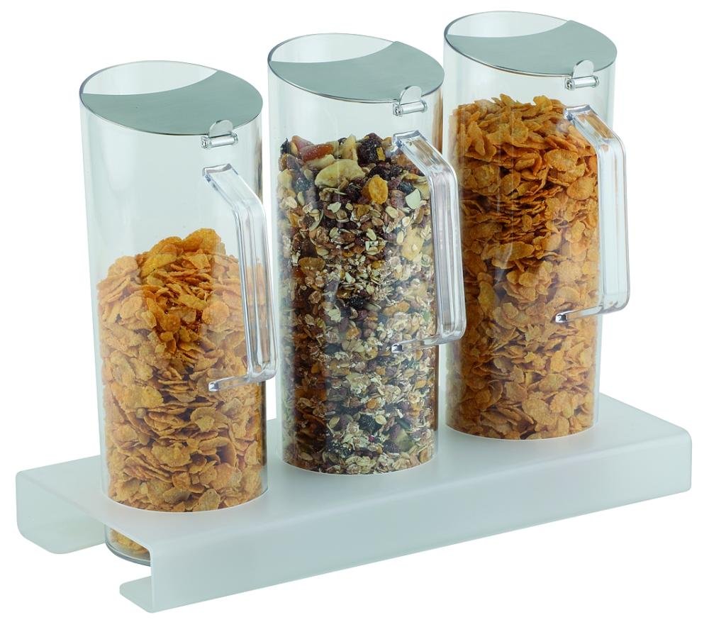 Dispone de cereales-bar 7 tlg. De unos 38 x 15,5 cm, altura 4 cm 1 soporte de pared, de plexiglás consumió 3 garrafas cereales, de 1,5 L de 3 33 tapa