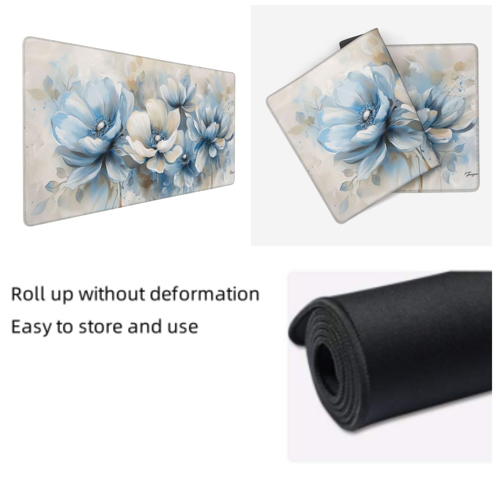 Tappetino Mouse XXL Fiore & Blu, 100 x 50 cm Tappetino da Scrivania G496 | Tappetino per Mouse, Base in Gomma Antiscivolo, Superficie Impermeabile, Bordi Cuciti, Tappetino Scrivania per Ufficio, Gioco