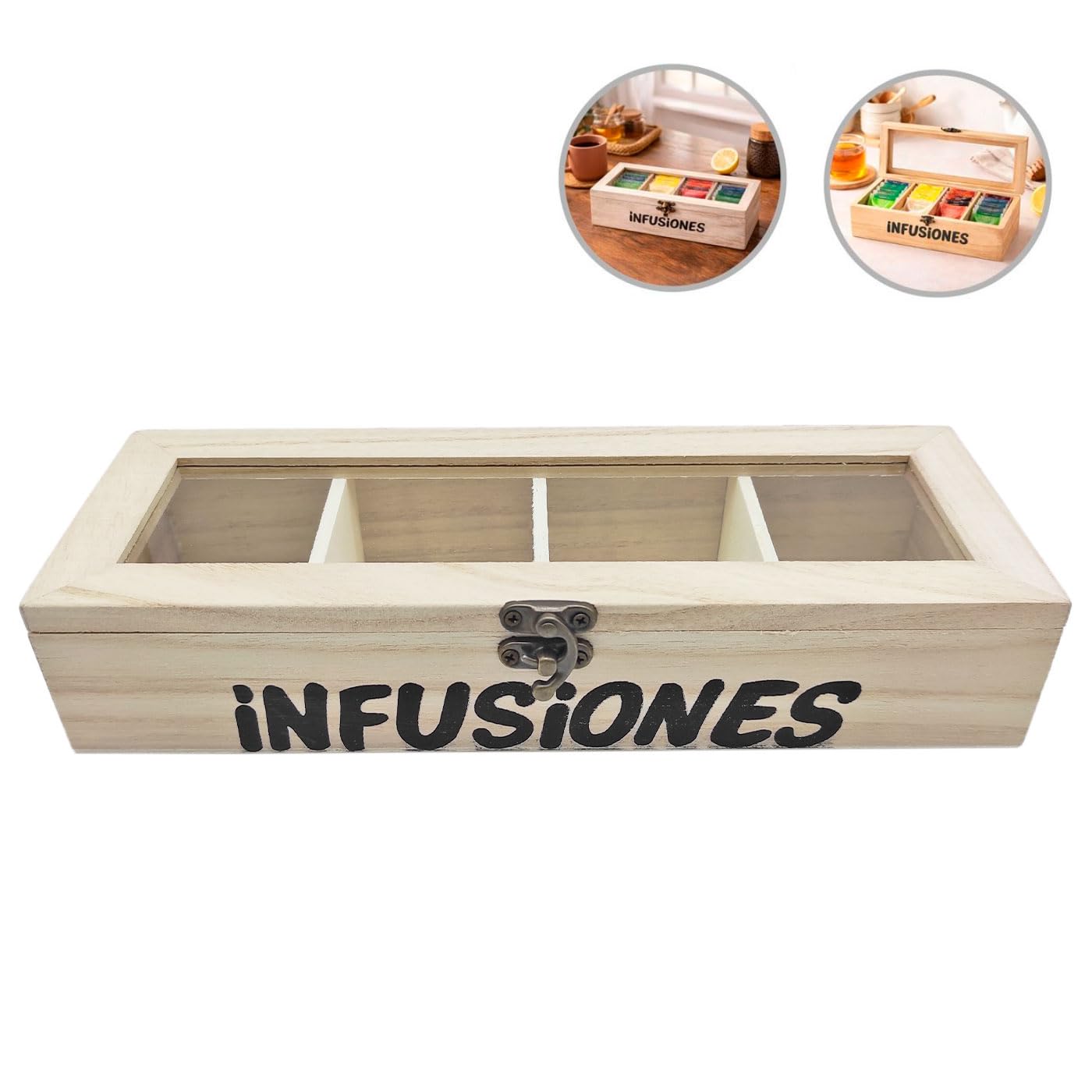 Acan Tradineur - Pack de 6 cajas de madera natural Infusiones con tapa de cristal, 4 compartimentos, decoración, almacenamiento, té, manzanilla, manualidades, regalo - 25 x 9 x 5 cm