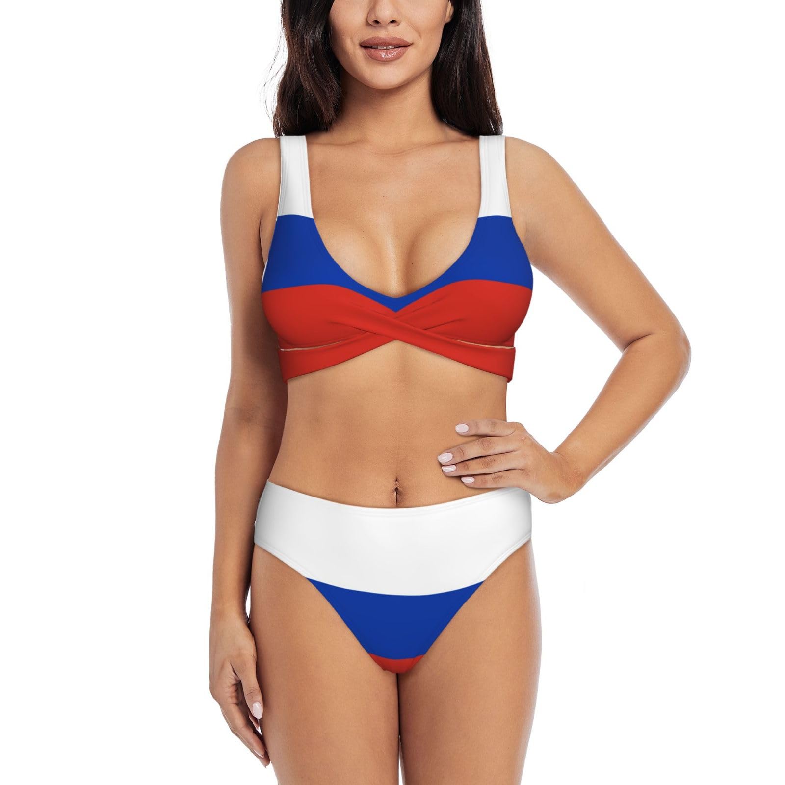 Okfsty Women's Black Russian Flag Bikini Set For Front Cross Design Push Up High Waisted Two Piece Swimsuit