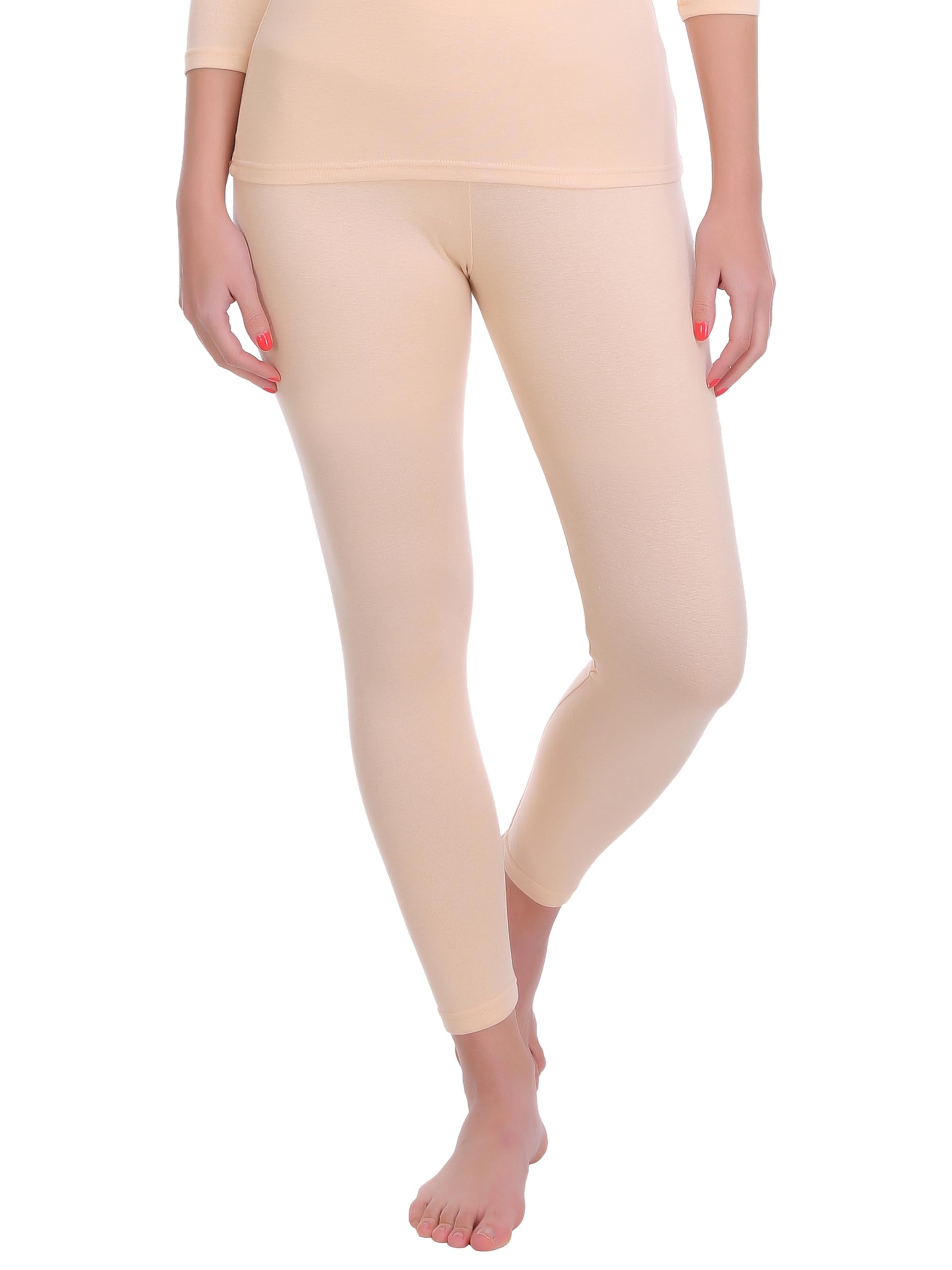 Selfcare Women Solid Cotton Blend Round Neck Beige Thermal Set (SW0557-L) - Image 6 thumbnail