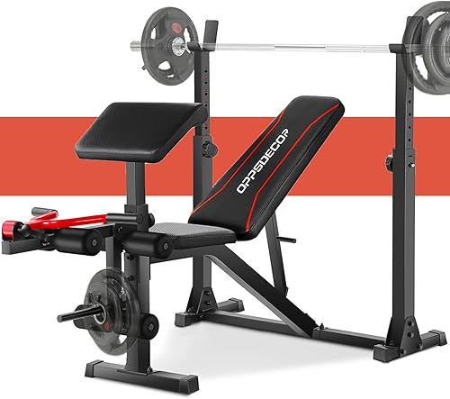 OPPSDECOR Juego de banco de pesas ajustable, juego de prensa de banco multifuncional de 900 libras con estante para sentadillas y almohadilla de