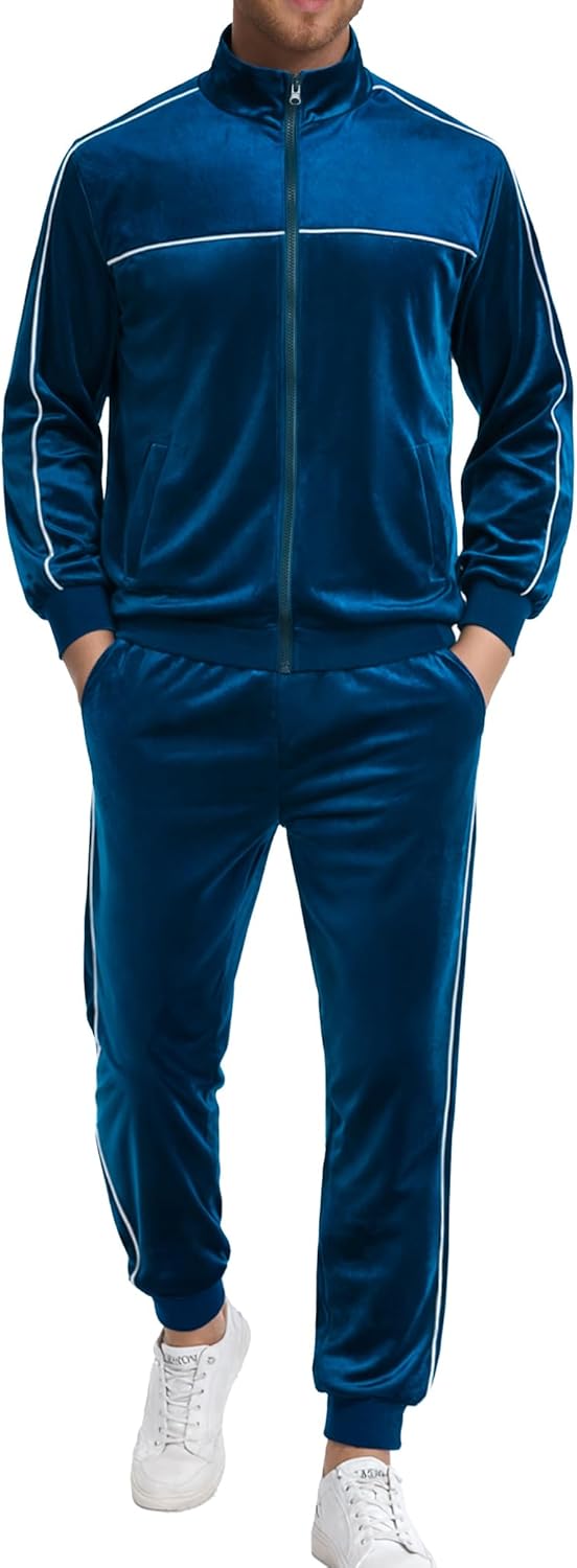 Velour Mens Tracksuits 2 Piece Sweatsuits Jogging Outfits for Men Leisure Full Zip Velvet Suit Jacket Pants Set