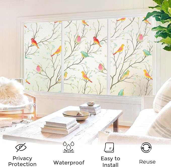 Image of SIA VENDORS Privacy Decorative Stained Glass Window Decal Tint Film, Adhesive Static Cling Sun Blocking Stickers, Door Covering for Home (24IN' x 20FT', Bird Film)