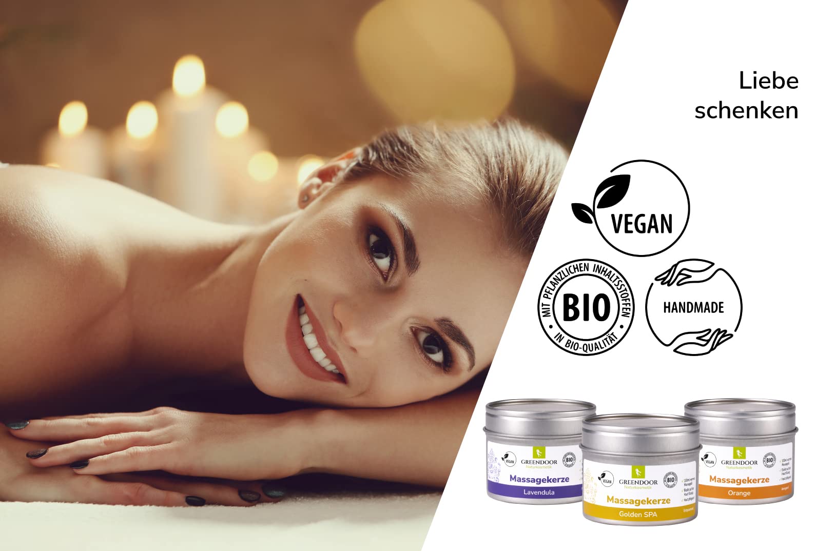 GREENDOOR Natur Massagekerzen SPAR-SET vegan 300ml, BIO Sojawachs BIO Öle, natürlich ohne Tierversuche, warmes Massage-Öl bleibt auf der Haut flüssig, Naturkosmetik Massagen, Geschenke