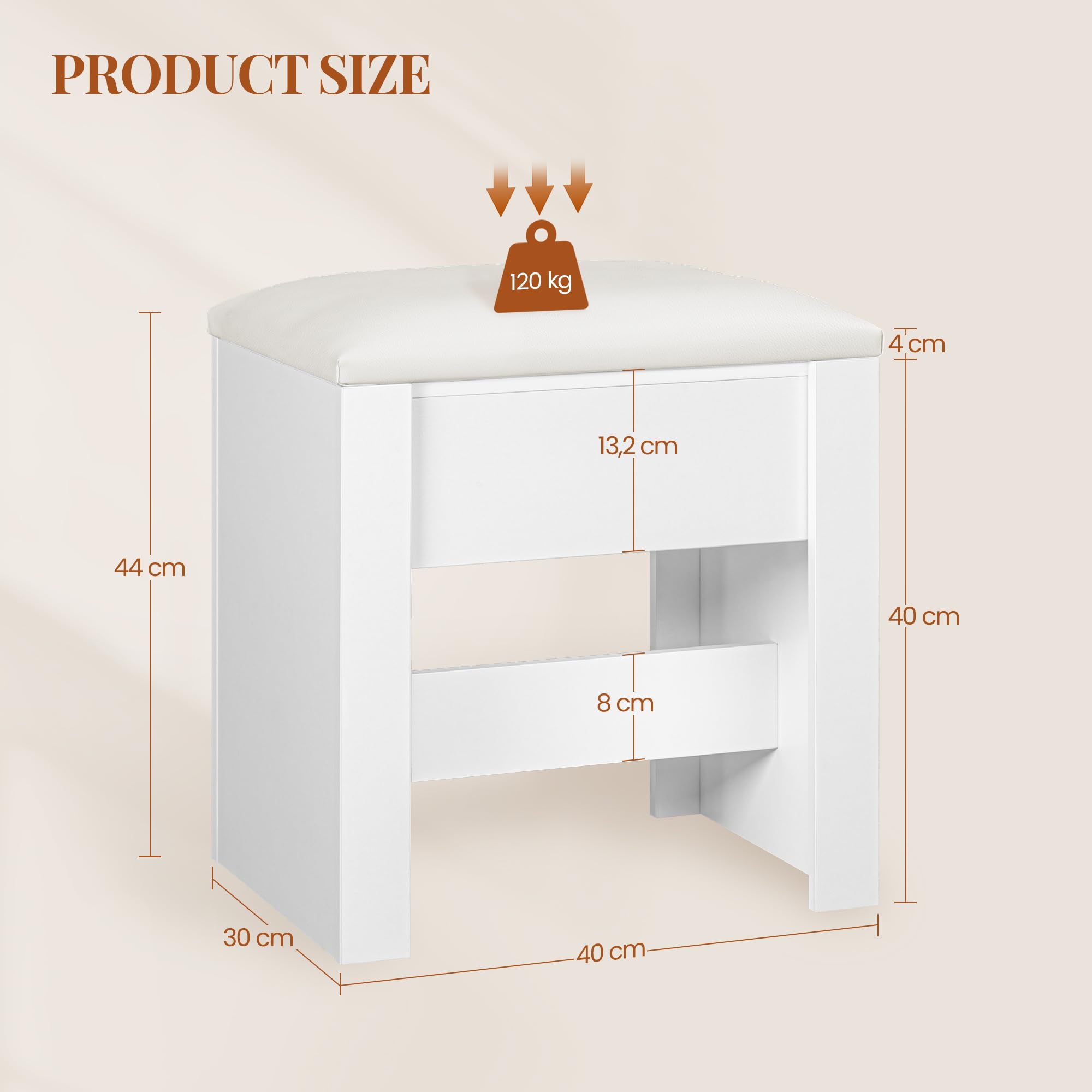 HEXCELEN Tabouret de Coiffeuse, Repos-Pieds, Chaise Rembourrée de Maquillage, avec Patins Antidérapants, pour Chambre, Dressing, Entrée, 30 x 40 x 44 cm, Blanc