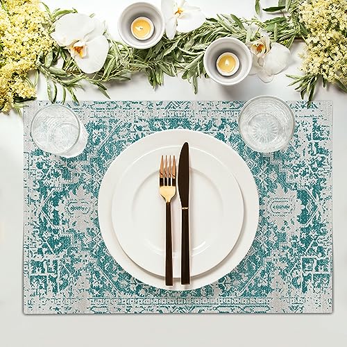 Image of Gray Teal Boho Placemats Set of 4 Ethnic Bohemian Carpet Place Mats Washable Kitchen Dining Vintage Grey Geography Floral Linen Table Mats Stain Heat-Resistant Cloth Tabel for Home Party 12x18 in