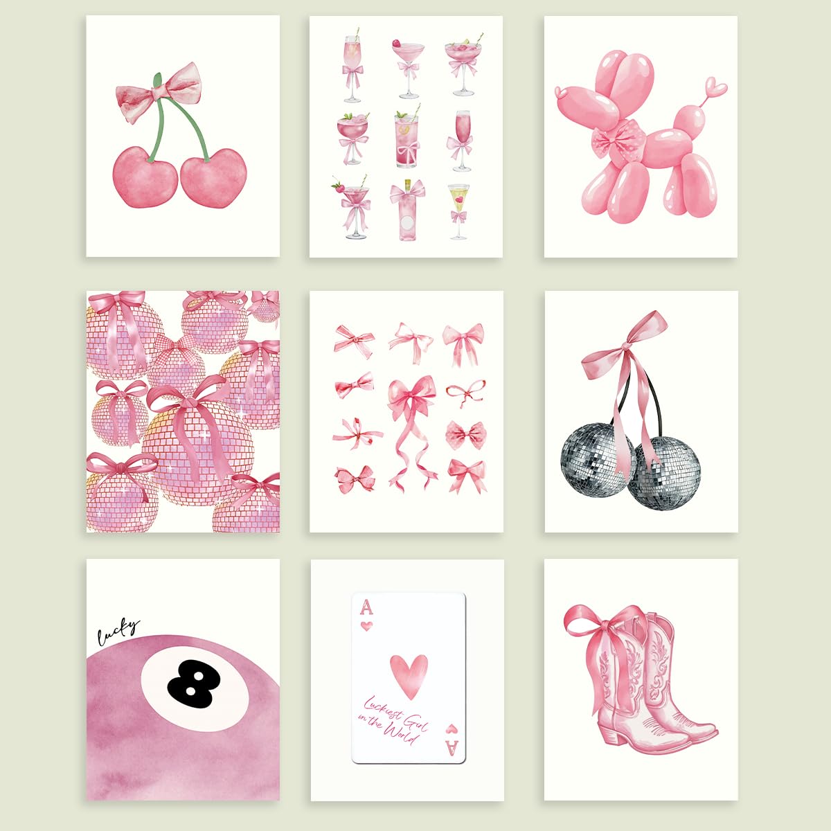 Set of 9 Pink Coquette Trendy Preppy Wall Art Prints, Preppy Room Decor, Coquette Room Decor, Pink Bow Poker Cards 8 Ball Cherry Wall Decor Posters