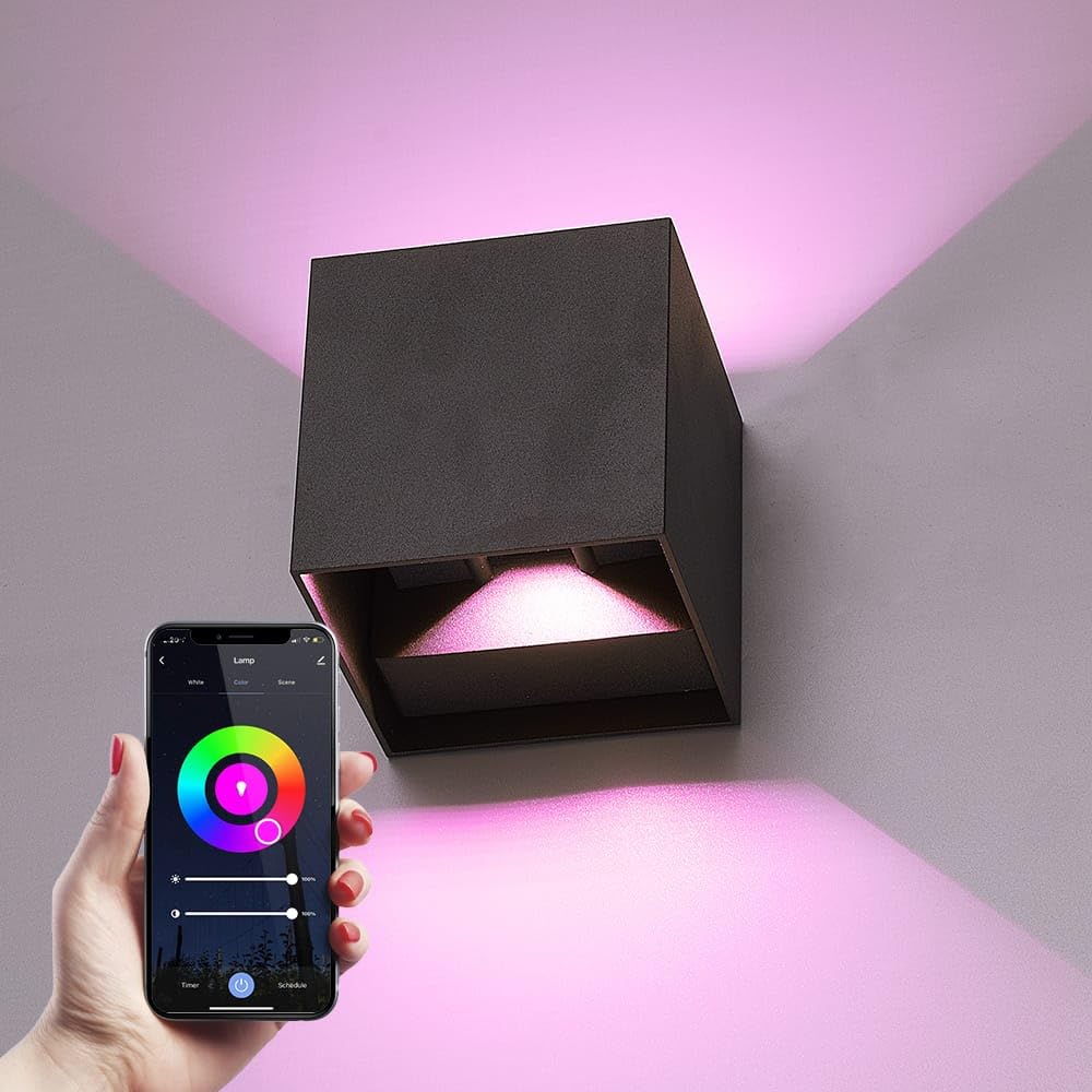 HOFTRONIC - Kansas Smart Wandleuchte mit WiFi und Bluetooth - dimmbar - Würfel - 6W - RGBWW - Up & Down - Schwarz - WLAN