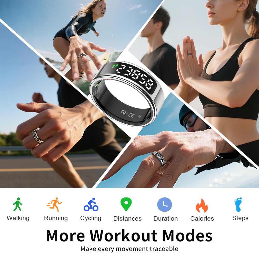 Bague Intelligente | Suivi du Sommeil | Anneau de Fitness | Affichage Intelligent | Chargement sans Fil | Autonomie de la Batterie de 5 à 7 Jours | Étanche 5ATM (Argenté, 8)