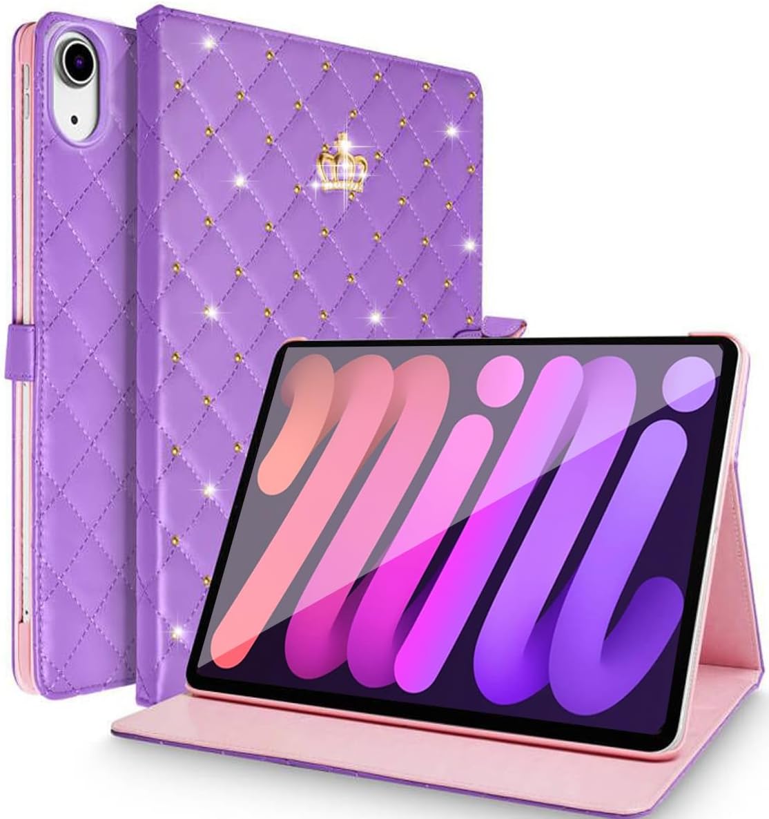 Changjia for iPad Mini 7 (A17 Pro) Case 2024,iPad Mini 6 Generation Case 8.3 Inch 2021,Cute Crown Rhinestone Elegant PU Leather Auto Sleep/Wake Stand Protective Cover for iPad Mini 7th/6th 8.3",Purple