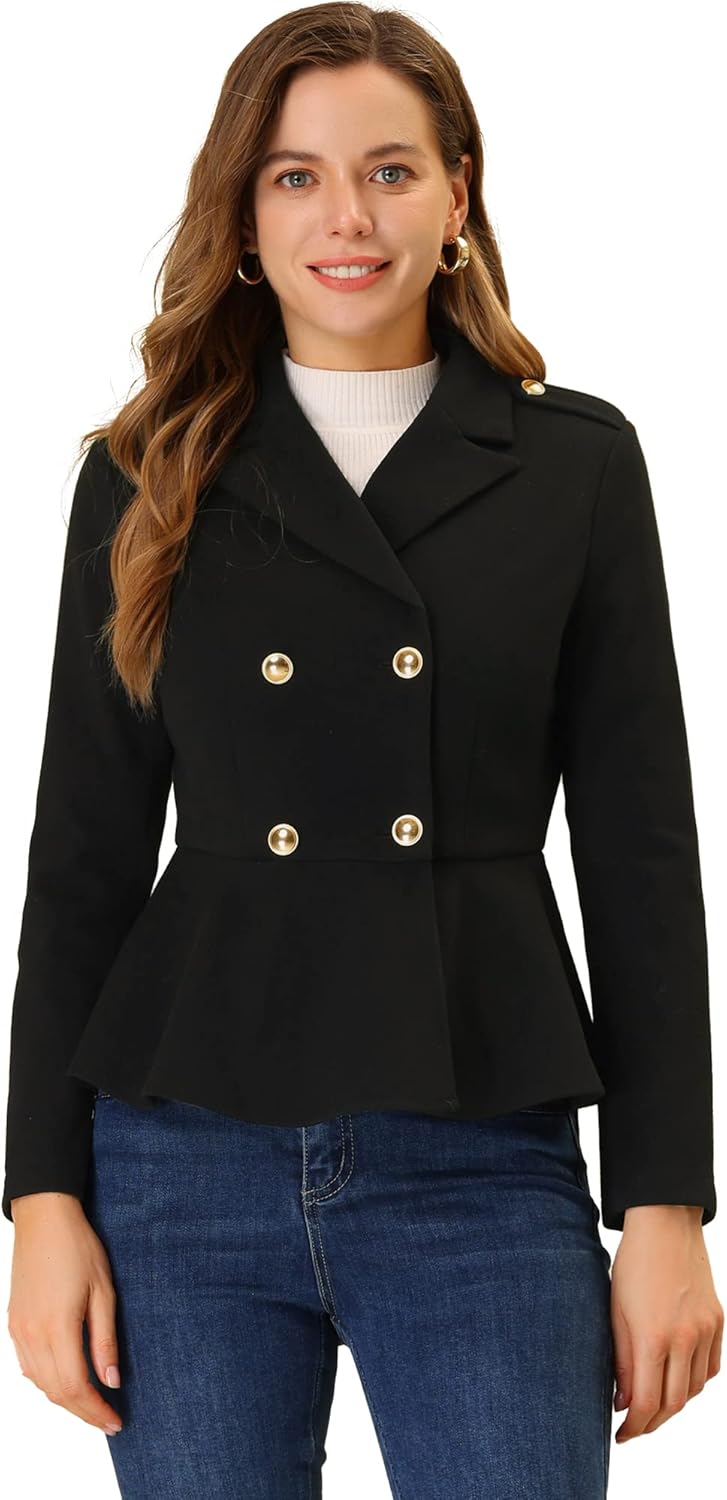 Allegra K Double Breasted Pea Coat for Women's Notched Lapel Office Blazer Peplum Jacket