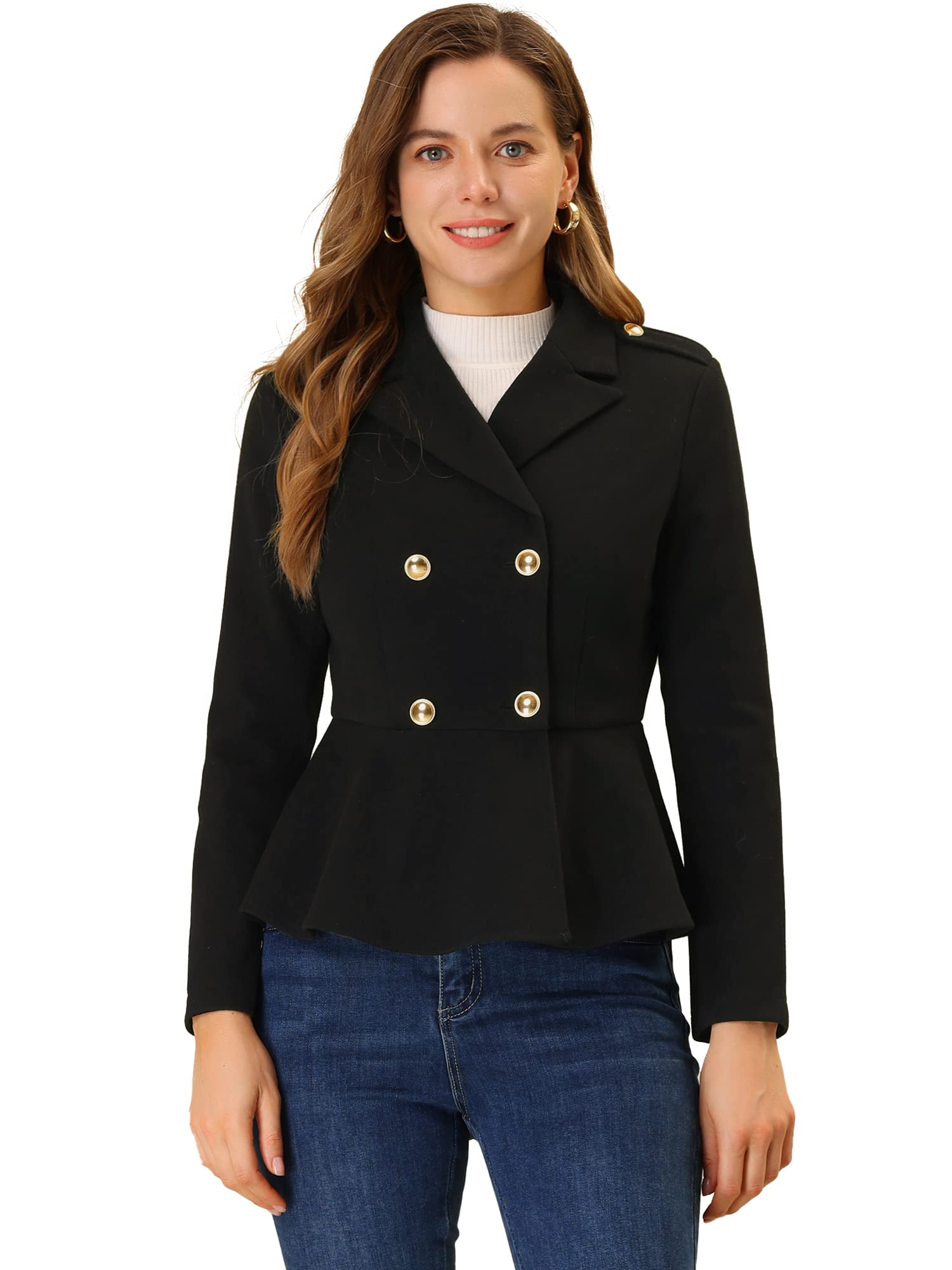 Allegra K Double Breasted Pea Coat for Womens Notched Lapel Office Blazer Peplum Jacket