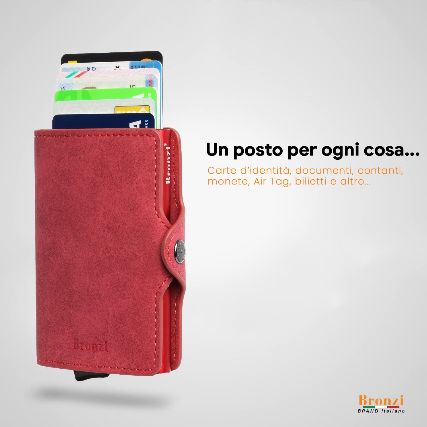 Bronzi Nuovo Portafoglio Porta Carte Credito - Portafoglio Uomo Slim Portacarte uomo - Mini Porta Tessere - Protezione RFID Portatessere Pelle (Rosso)