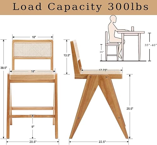 Miniatura 3 de Juego de 2 taburetes de ratán de 26 pulgadas, modernos de mediados de siglo con asiento de bastón, silla de bar retro con reposapiés, marco de