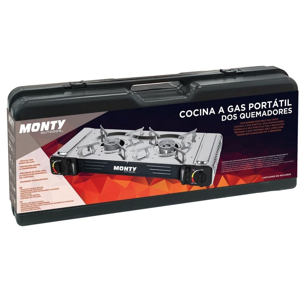 LOLAhome Cocina de Gas Portátil con 2 Quemadores y Maletín - Hornillo Camping Gas - Encendido Piezoeléctrico, Doble Sellado de Válvula y Protección Sobrepresión. Cartuchos Gas estándar - 65x28x12 cm