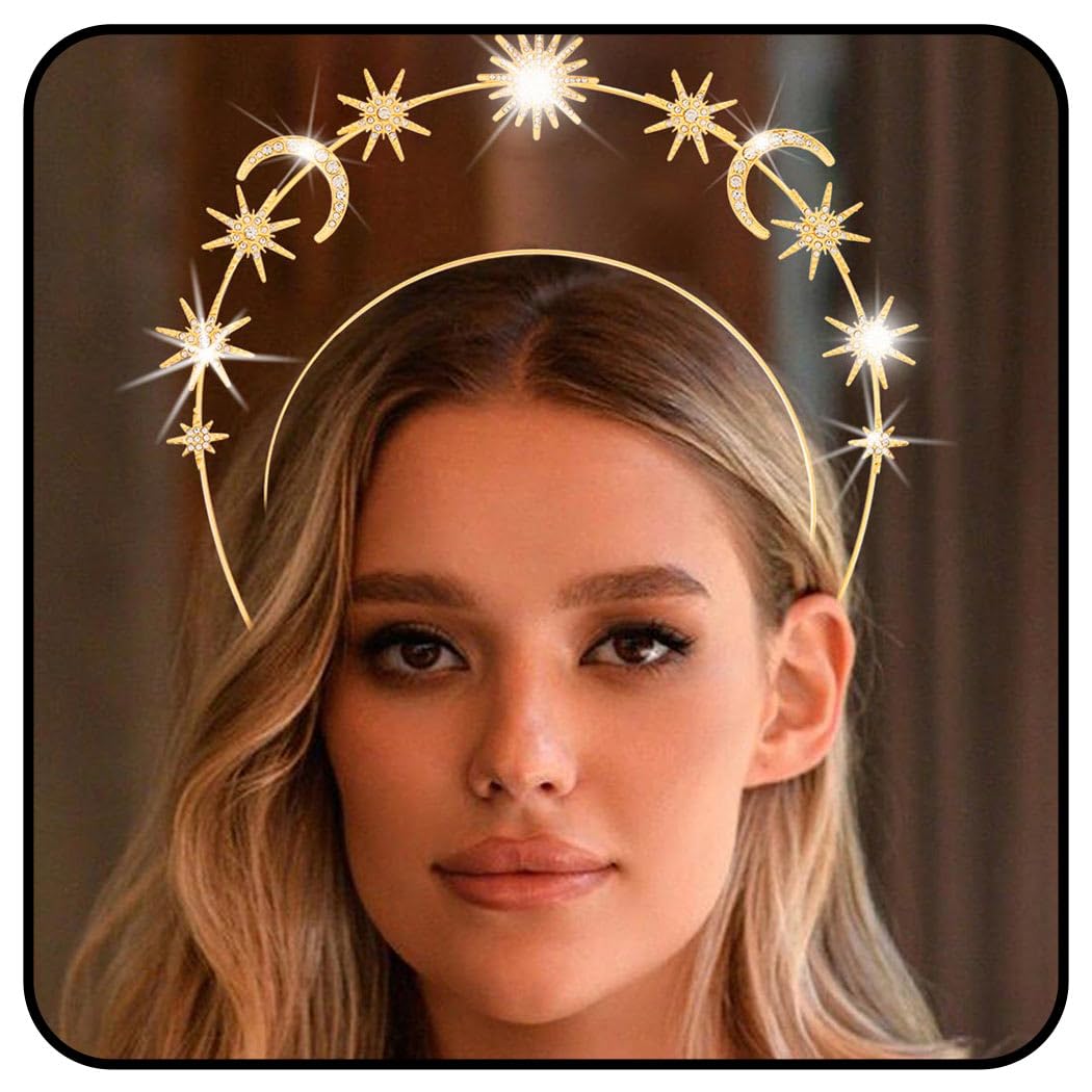 Zoestar Star Halo Crown Headband Rhinestone Star Goddess Headpiece Celestial Hair Accessories for Women (Gold 2)