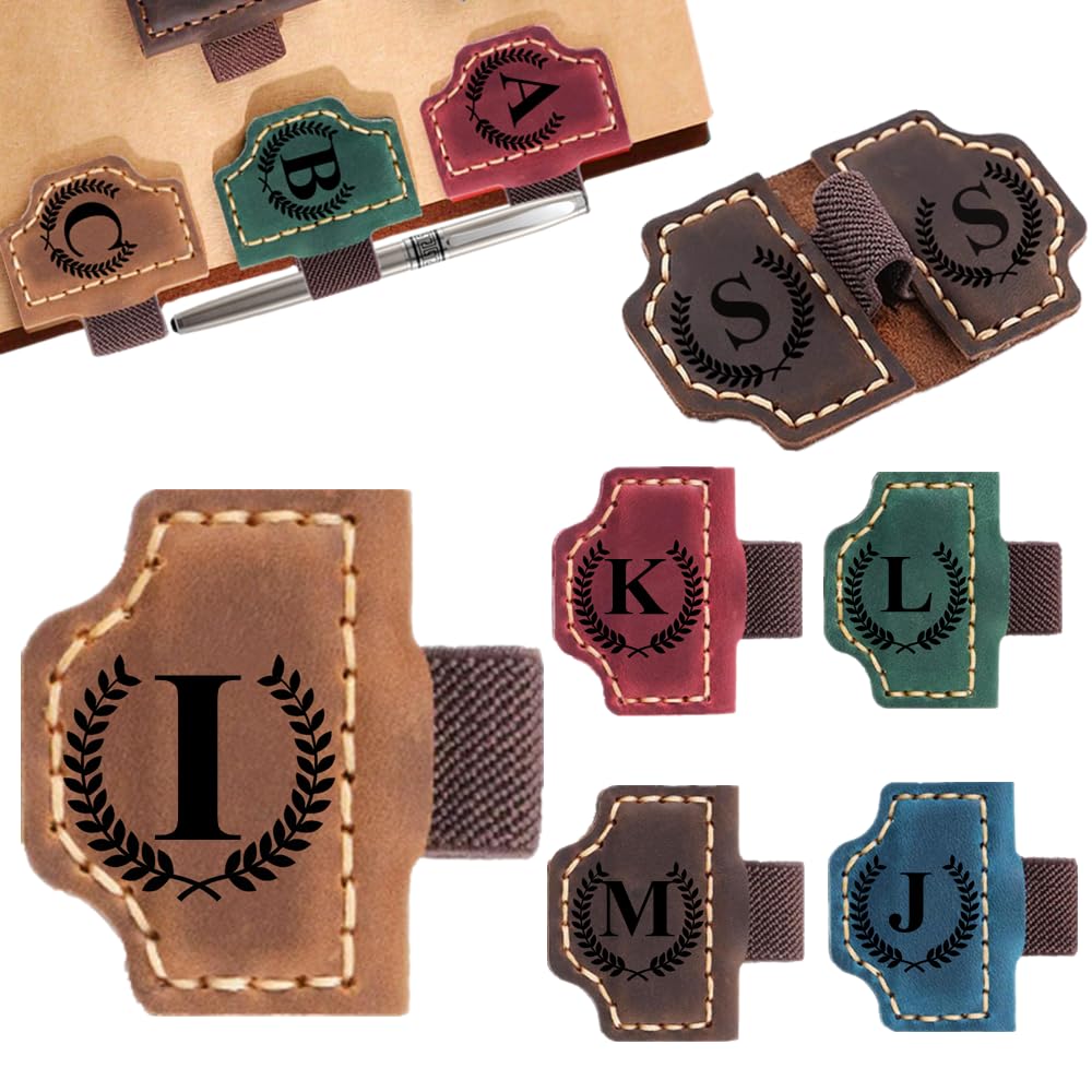 Custom Bookmark with Pen Holder with 26 Letters Personalized Magnetic Leather Book Mark, Customized Name Book Marker Clip with Initial for Men Women, Gifts for Book Lovers, Readers, (Brown, I)