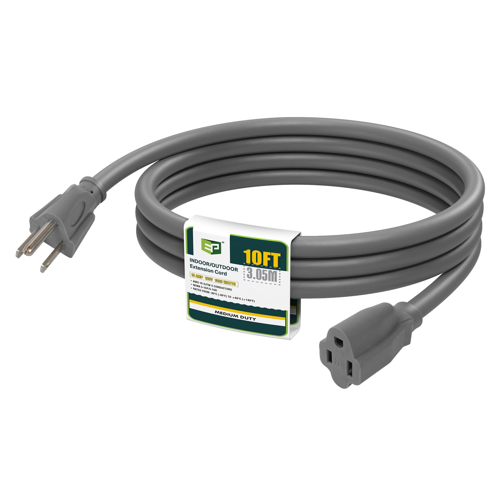 EP 10 FT Outdoor Extension Cord, 16/3 SJTW Heavy Duty Grey, ETL Listed