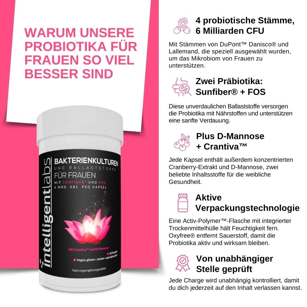 Beste Probiotika für Frauen, UTI-Formel mit Cranberry-Extrakt, D-Mannose und Präbiotika in einem! 6 Milliarden KBE Probiotikum, eine Kapsel pro Tag, Vorrat für 60 Tage