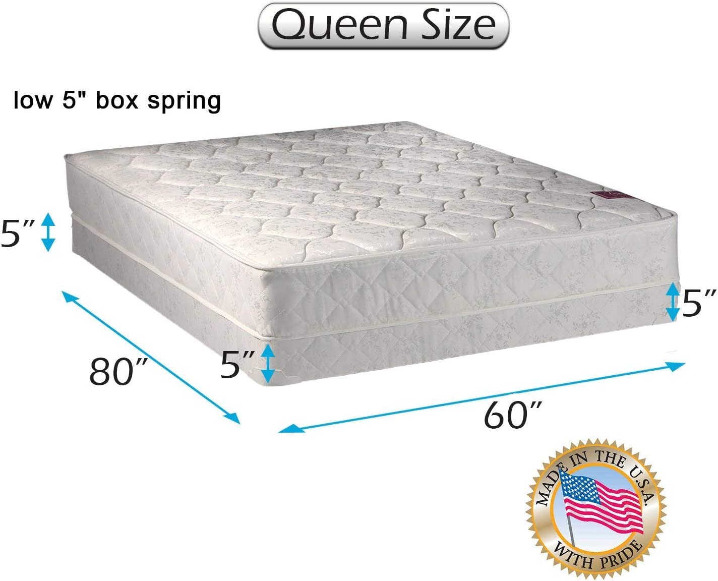 DS Solutions USA Legacy One-Sided Queen Mattress and Low Profile Box Spring Set with Bed Frame