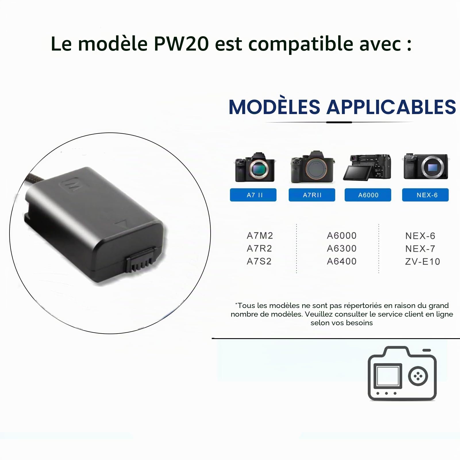 PD Câble d'alimentation USB-C tressé vers NP-FW50 batterie factice AC-PW20 DC coupleur pour Sony Alpha A5100 A6500 A6400 A6000 A55 A7