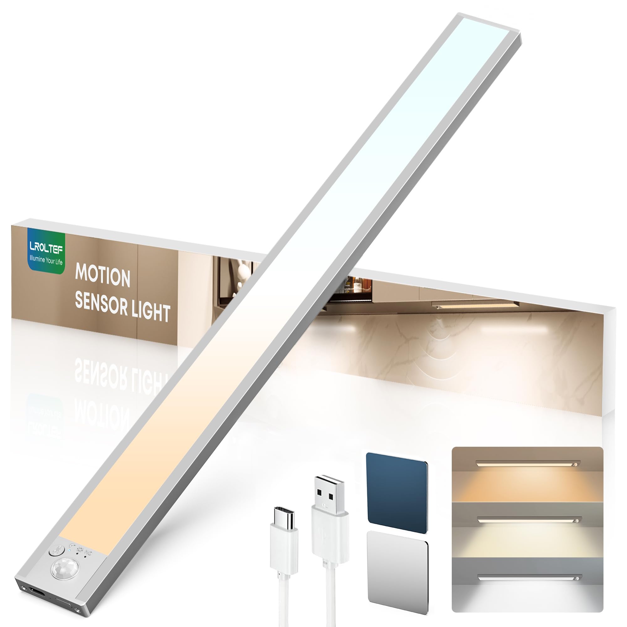 Schrankbeleuchtung Led Lampe mit Bewegungsmelder - Schranklicht Unterbauleuchte Küche Licht Leiste Aufladbar Magnetische - Dimmbar Treppenlicht Vitrinenbeleuchtung | 1 Stück