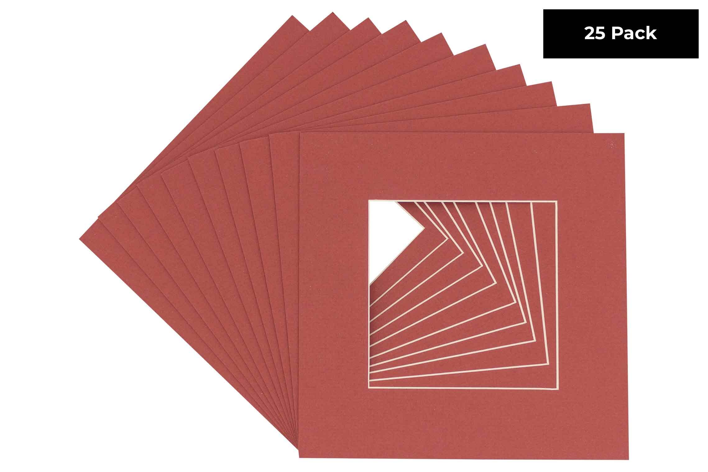 CountryArtHouse Brick Red Acid Free 24x24 Square Picture Frame Mat with White Core Bevel Cut for 8x8 Pictures - Fits 24x24 Frame - Pack of 25 Matboard Show Kits with Acid Free Backings & Clear Bags