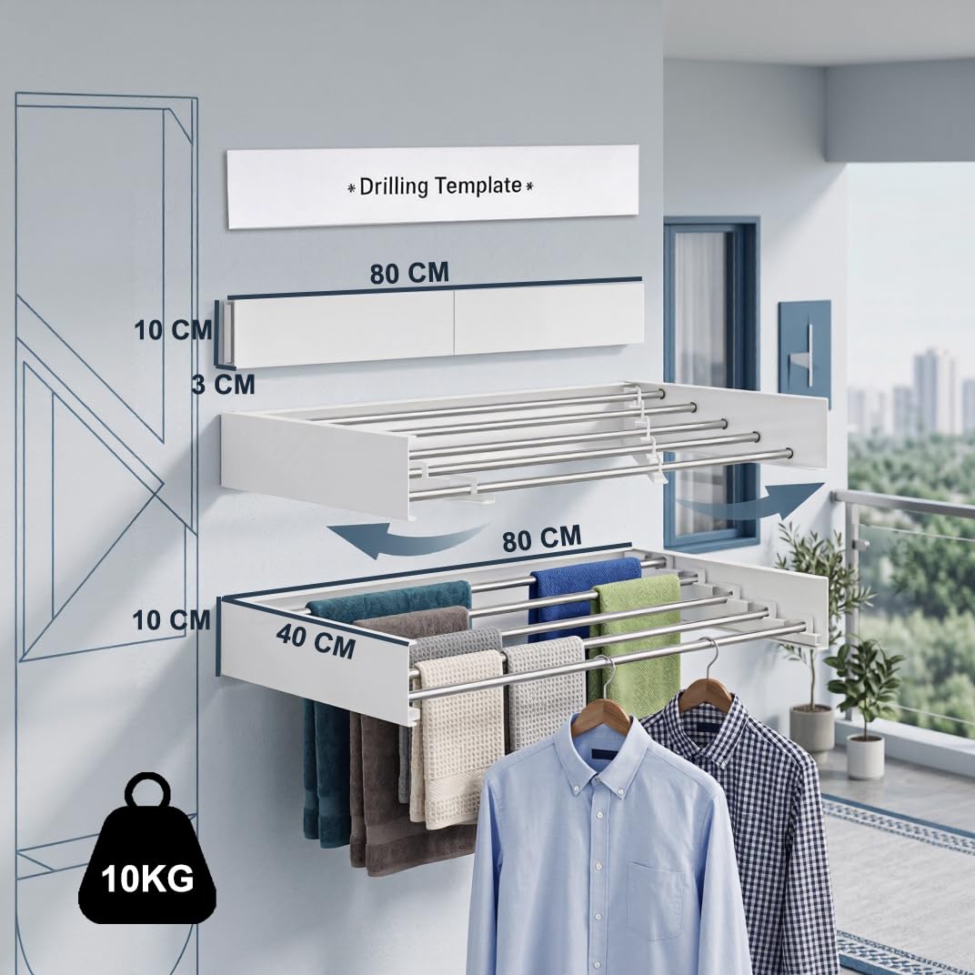 FUSHITON Tendedero de Pared Plegable 5 Barras, Soporte de Toallas Plegable de Aluminio + Acero al Carbono Recubierto de Polvo, Ahorro de Espacio para Baño y Balcón, MAX 10 kg, Blanco