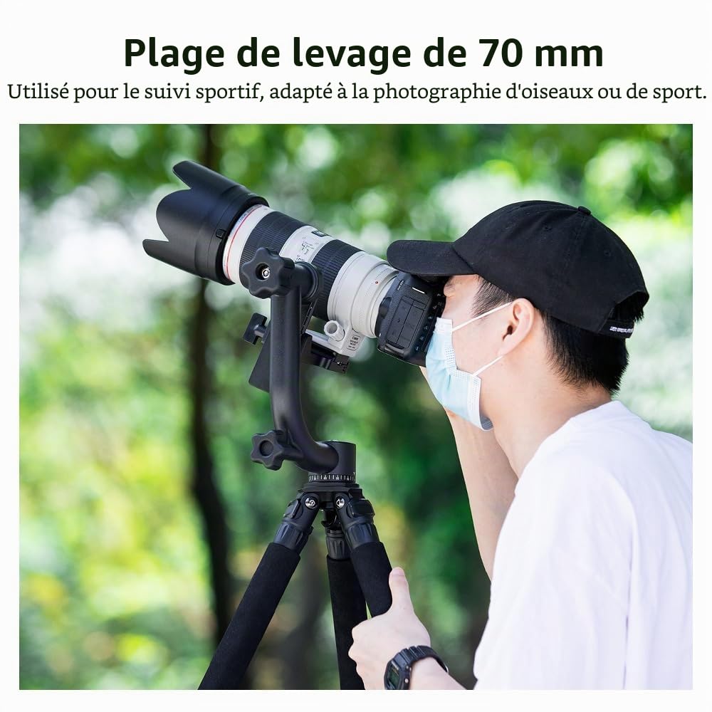K&F Concept Tête de Trépied Panoramique 360° en Aluminium Plaque Rapide Standard 1/4" et Niveau à Bulle, Plage de Levage 70mm Charge 20KG pour Caméra Appareil Photo Reflex Numérique DSLR