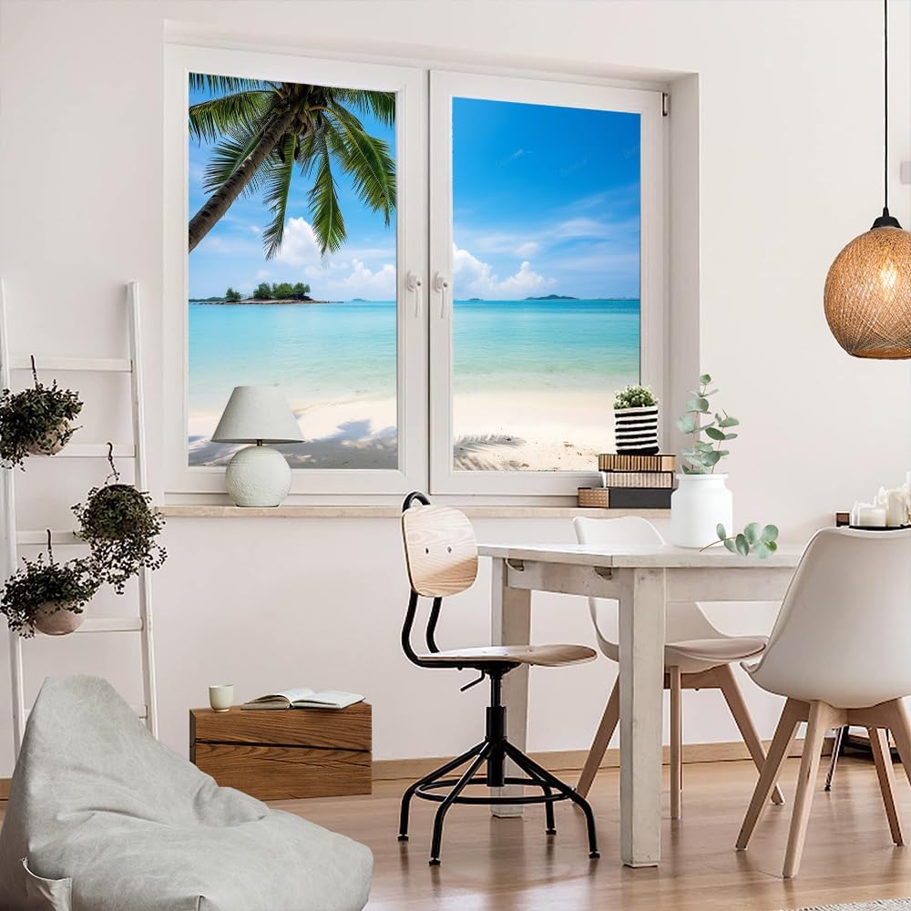 Beautiful Ocean Window Film Privacy Blue Water Natural Beach Palm Trees Stained Glass Window Film Sun Blocking Decorative Window Covering Film for Home Office 27.6Wx39.4L-inch x2 Pcs