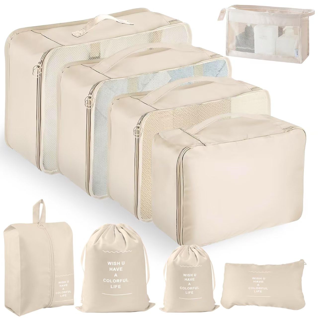 Organizer Valigia, 9 Pezzi Packing Cubes, Organizer Viaggio Salvaspazio, Travel Kit per Vacanze e Viaggi, Viaggio Accessori Utili per Cosmetici Abbigliamento Intimo Vestiti Borse, Beige