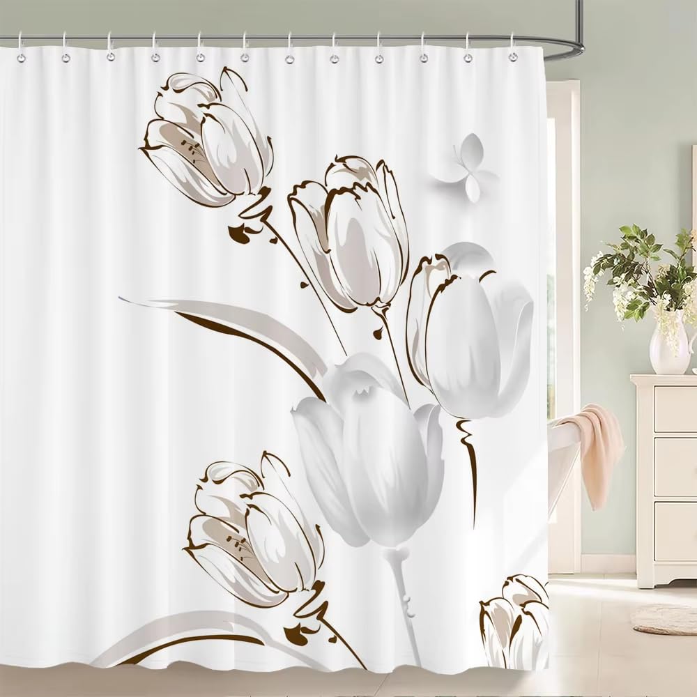 Duschvorhang mit Blumenmuster, wasserdicht, aus Polyester, mit Haken, passend für Badewanne (220 x 200 cm/B x H)