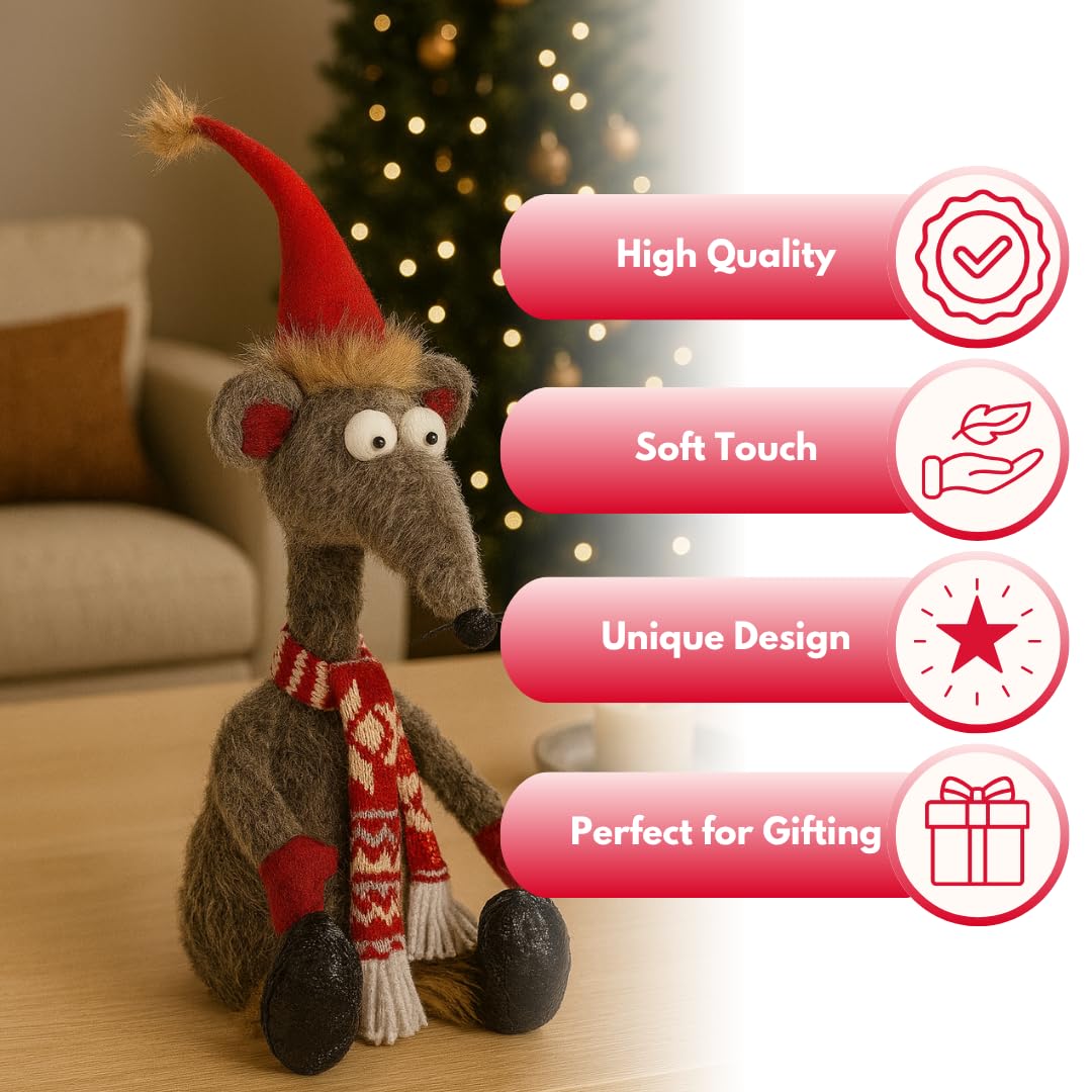 Marco Paul Kerst Peperkoek Rat Decoratie - 48cm Peperkoek Pluche Muis Ornament met Kerstmuts & Snoepstok - Peperkoek Man Ornament Voor Kerstdecoratie, Tafelcentrum & Woondecoratie