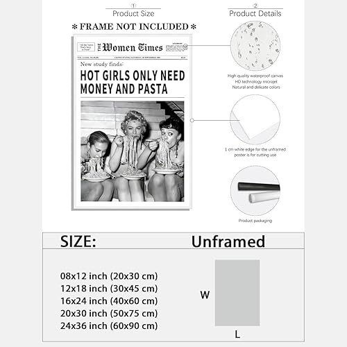 Miniatura 2 de Lienzo de periódico vintage para mujer, arte de pared en blanco y negro, póster estético Funky Hot Girl Comiendo pasta, impresiones de moda para
