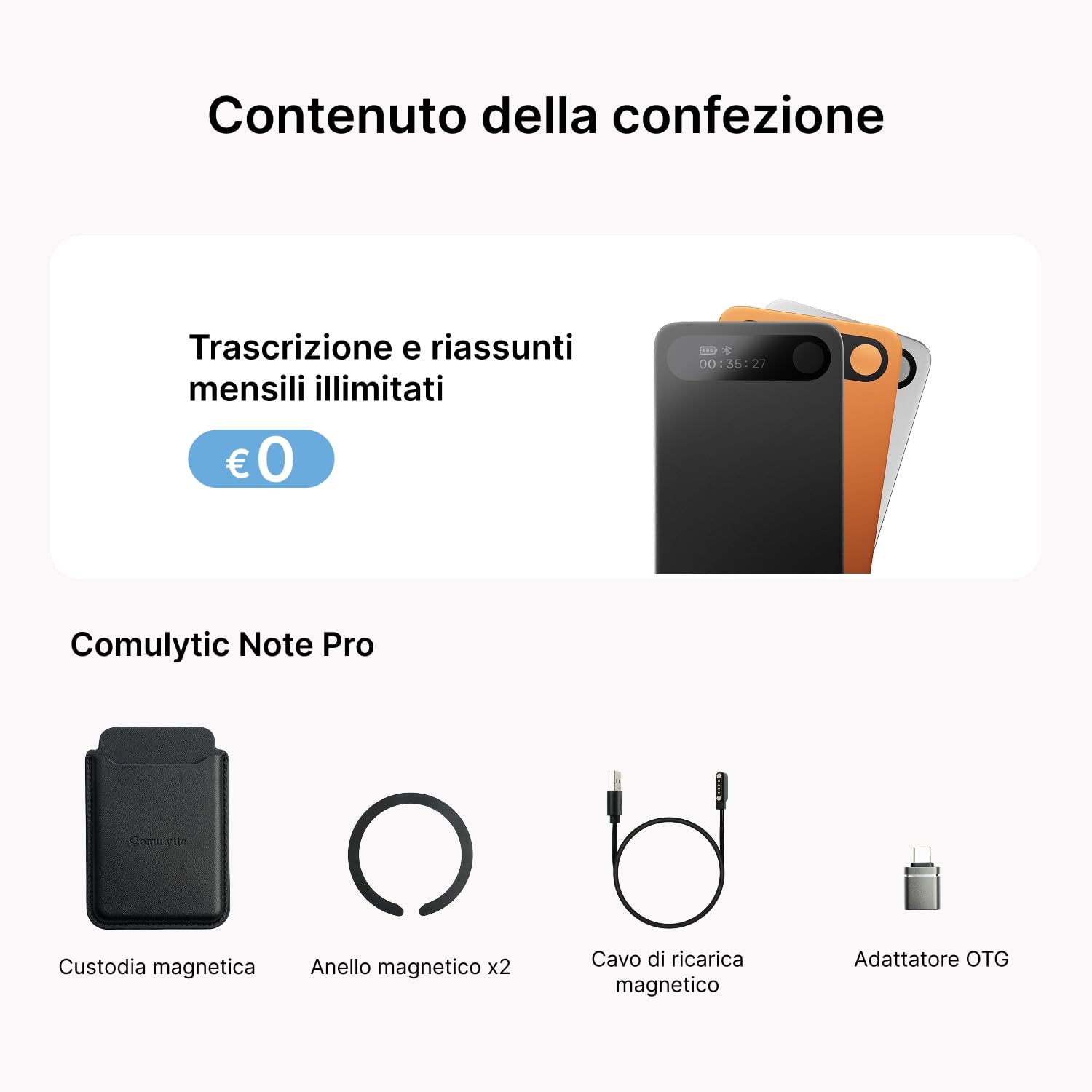 Comulytic Note Pro Registratore Vocale AI 64 GB con Trascrizione e Riassunti Illimitati, Registratore Vocale Professionale per Riunioni/Lezioni/Interviste fino a 45 ore, 113 Lingue,Controllo App,Nero