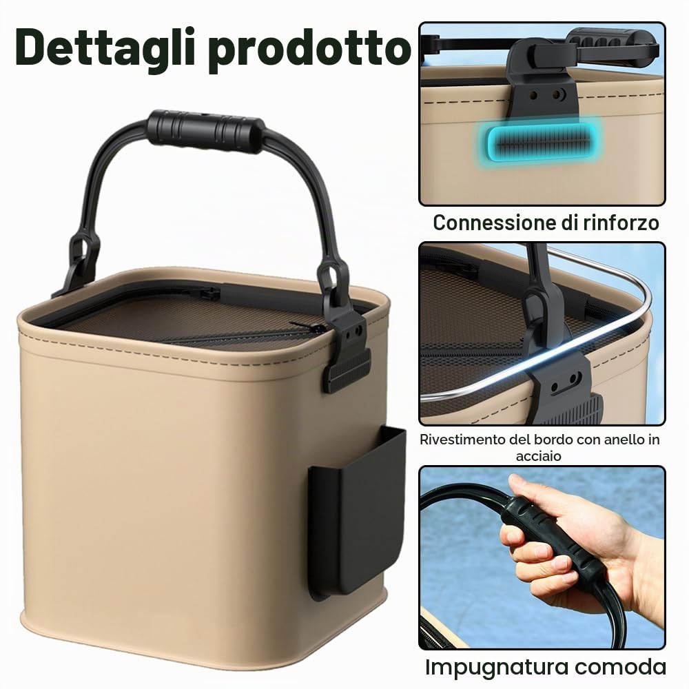 DONGKER Secchio Pesca,Contenitore Campeggio Pieghevole con Coperchio in Rete e Cerniera e Maniglia per Conservare Pesci Vivi e Esche per Pesce Fresco