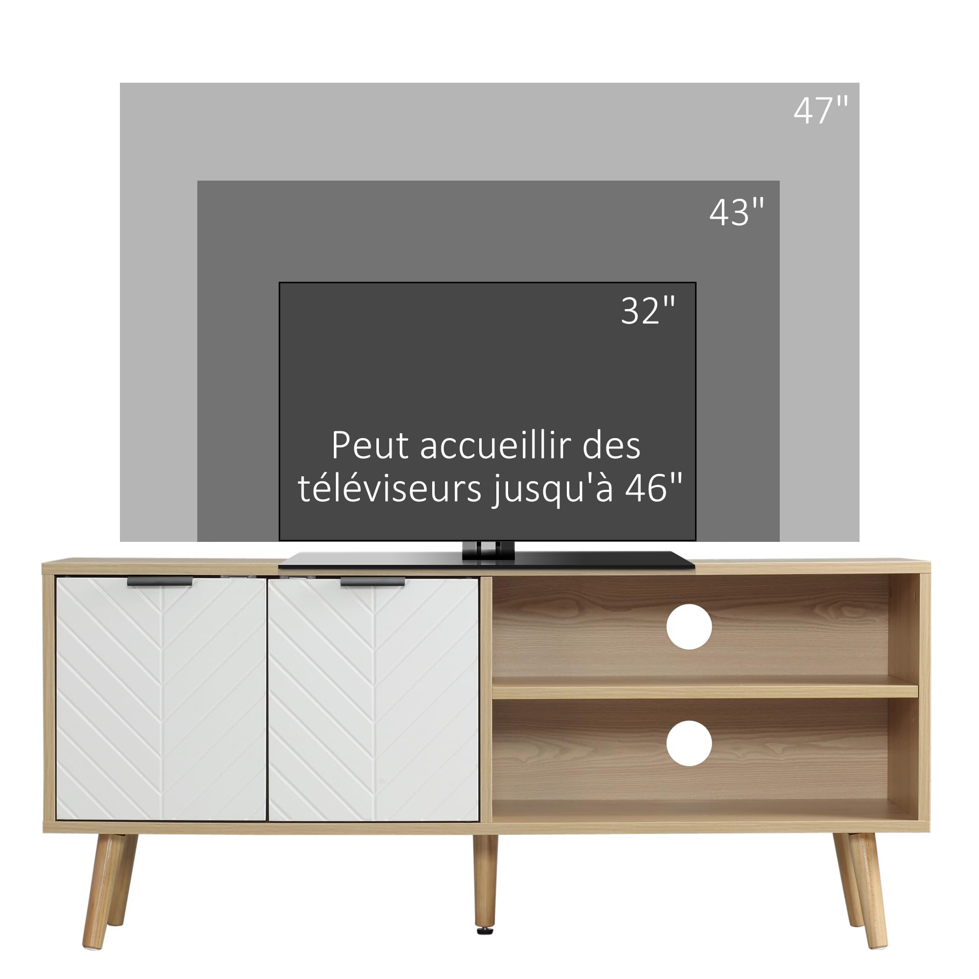 HOMCOM Meuble TV Banc Scandinave jusqu'à 46 Pouces 110L x 39l x 48,8H cm | 2 Portes, 2 Niches, Avec Passe-Câbles, Salon, Chambre