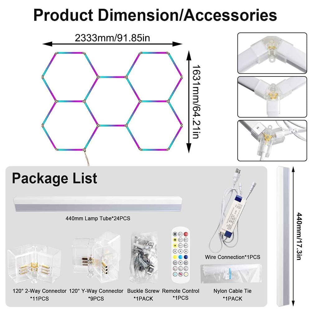 Luminaire LED hexagonal RGB pour garage | Plafonnier LED à 5 grilles pour garage, application connectée et télécommande, à monter soi-même