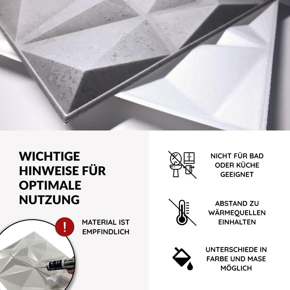 Eurodeco 3D Wandpaneele - 3D Wandverkleidung aus Polystyrol XPS Styropor - Dekoren Deckenpaneele - Wanddeko Platten - 50 x 50 cm, 3 mm Stärke, Diamant Weiß, 8 Stück (2m²)