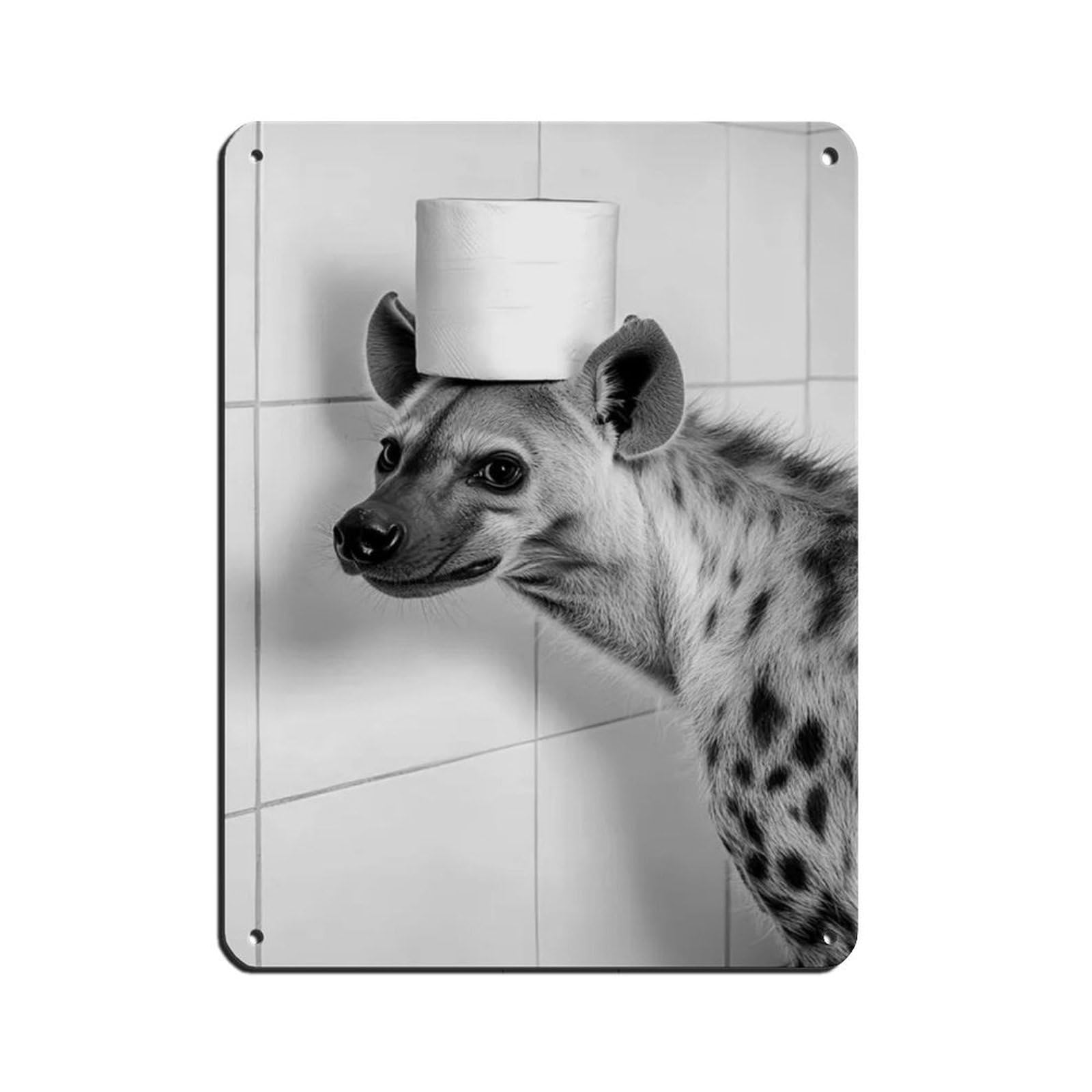 Hyena with A Toilet Paper Roll on Head Tin Sign Vintage Metal Pub Club Cafe Bar Home Wall Art Decoration Poster Retro 12x16inch(30x40cm)