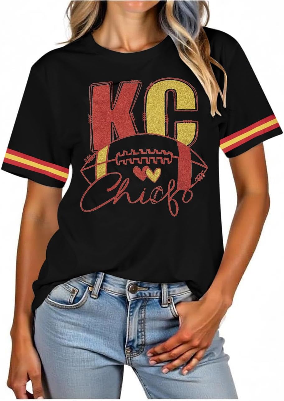 Football Shirt for Women Game Day Shirt Football Heart T-Shirt Sports Season Short Sleeve Tops