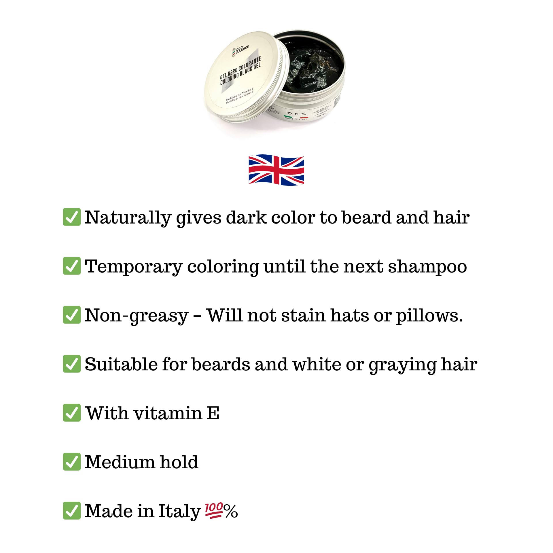 Black Gel Nero Modellante e Colorante per Capelli - Non Macchia e Maschera i Capelli Bianchi - Effetto Naturale - Tenuta media 150ml - Old Barber