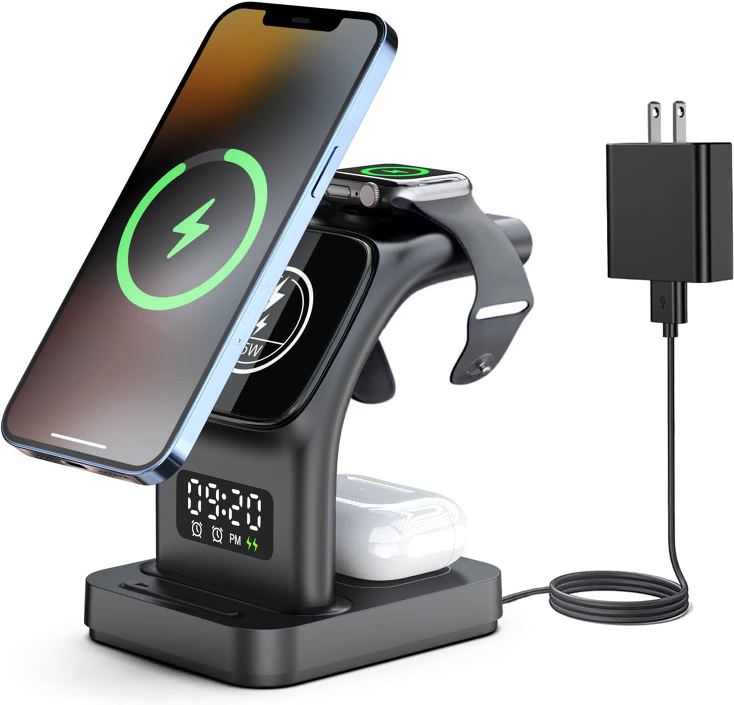 5 in 1 Wireless Charging Station with Alarm Clock & Night Light, 15W