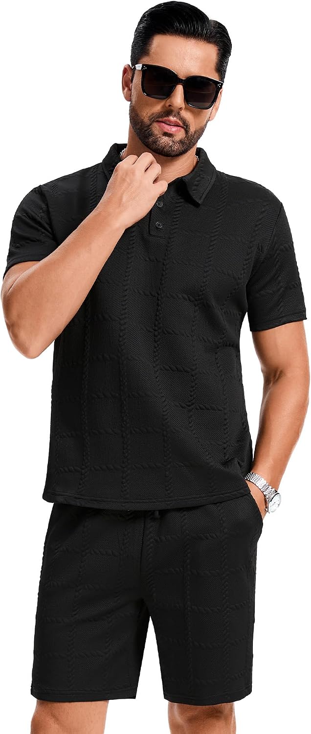 Men's 2-Piece Activewear Set Button Henley Polo and Drawstring Pants with Slant Pockets Set Black 2XL