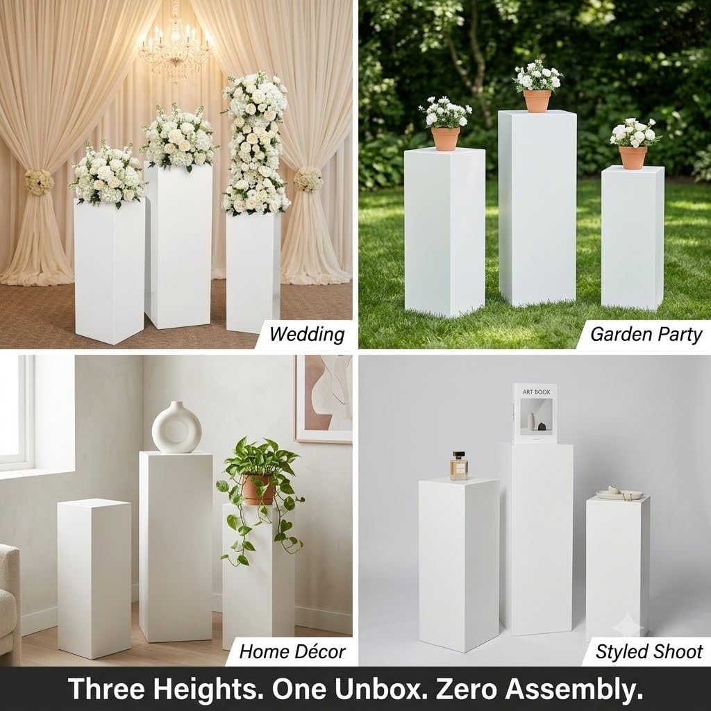 3PCS Metal White Display Pedestal Stand for Parties,Pillars for Wedding | Square Tall Pedestal Stand,Metal Display Column Stand for Sculpture Birthday,Baby Shower,Holiday Party