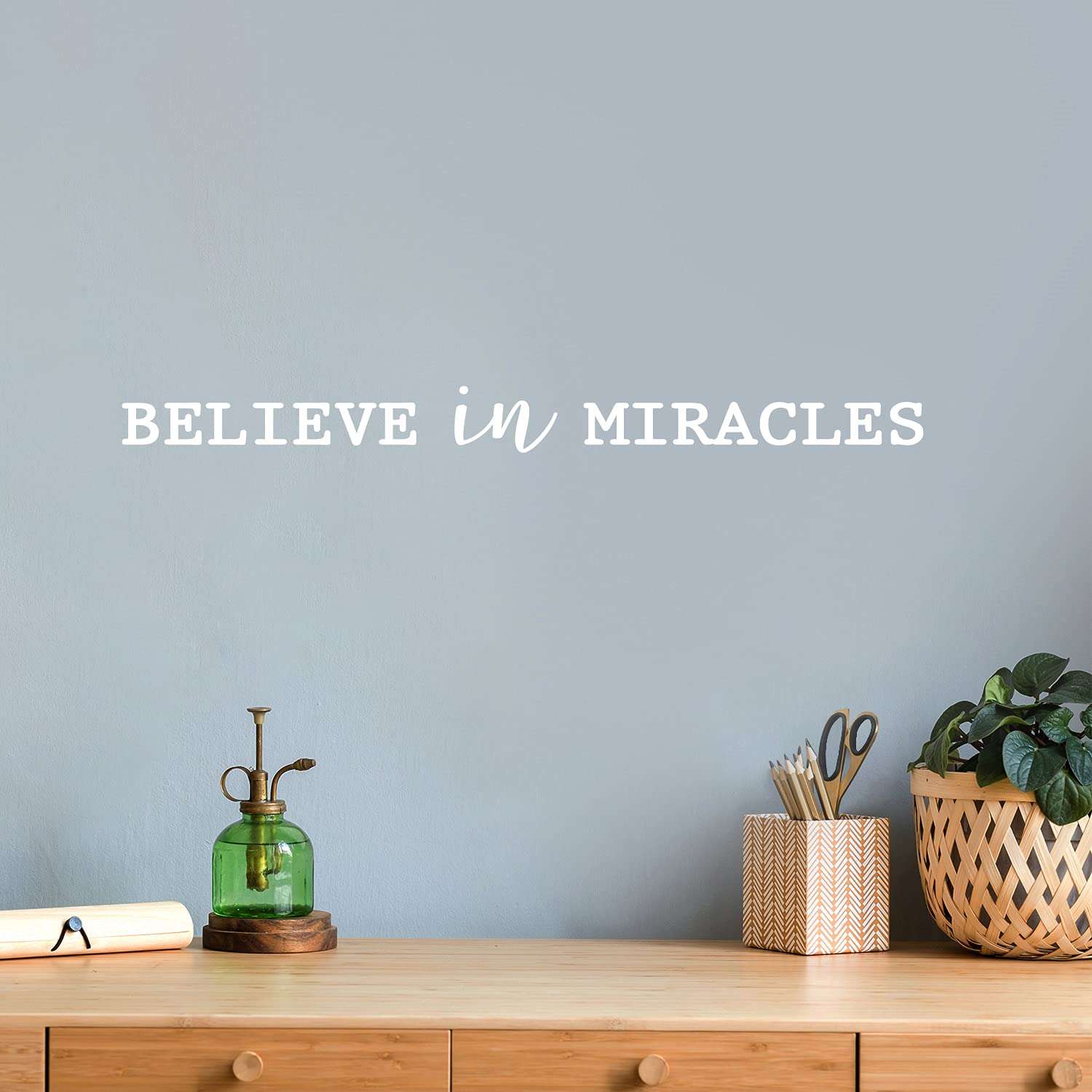 Vinyl Wall Art Decal - Believe in Miracles - 2.5" x 30" - Modern Inspirational Positive Self-Esteem Quote Sticker for Home Office Bedroom Closet Living Room Coffee Shop Decor (White)